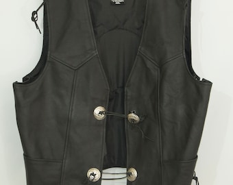 Vintage Black Leather Motorcycle Vest - Lace Up Biker Vest - size 4XL