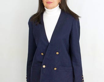 Vintage women blue double breasted wool formal jacket blazer size 12 UK