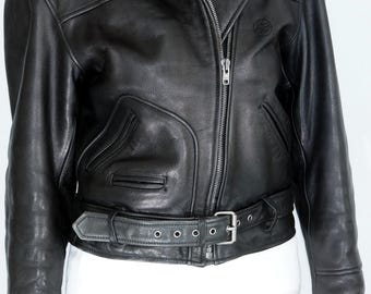 Vintage Black Heavy Leather Motorcycle Jacket women's moto biker perfecto , size 38