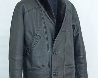 Men's Black Shearling Real Leather fur warm Jacket marked size 56