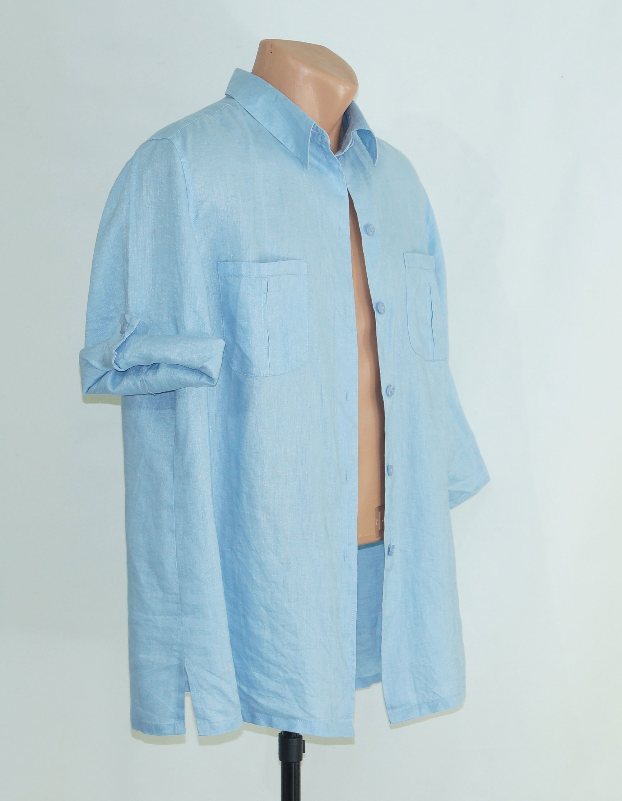 100 Linen , Women Shirt, Short Sleeve Button Down Men's Shirt, Blue