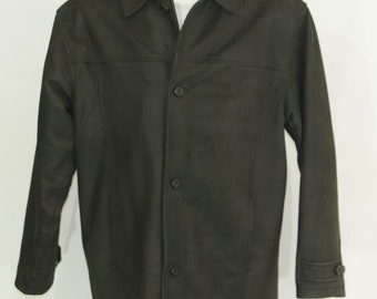 May include: A black leather jacket with a button-up front and long sleeves. The jacket has a collar and a single pocket on the left side.