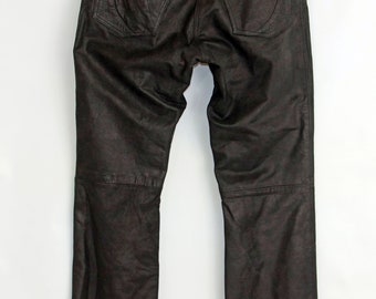 Black Matt Leather Motorcycle Pants, Vintage Biker Boot Cut, Lookwell Size 42/14-L