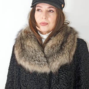 Vintage black karakyl lamb fur coat with silver fur collar , 60s