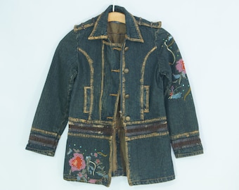Vintage  denim jacket embroidered distressed Boho Hippie style