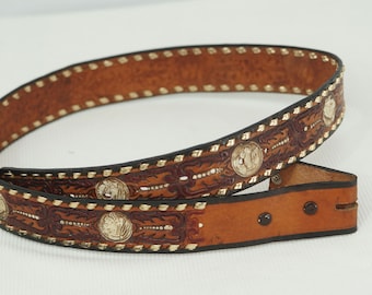 1970s 80s Vintage Tan Brown Leather Lattice Link Design Belt  display picture 1