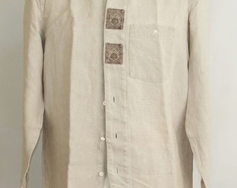 Vintage men's heavy Linen men's trachten  shirt Long sleeve button  Dirndl Traditional Tyrolean Oktoberfest    marked size 40