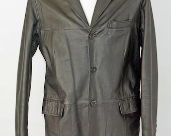 MEN'S black real Leather blazer Classic 3 buttons closure jacket , chest 40 in
