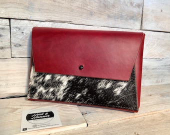 Handstitched Leather Clutch - Oxblood Red and Black/White Hair-On with Stud Closure and ID Pocket