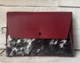 Handstitched Oxblood Leather Clutch with Hair-On Colorblock