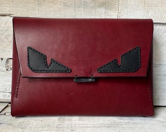 Handstitched Leather Clutch - Oxblood Red with Evil Monster Eyes