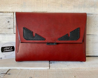 Handstitched Leather Clutch - Oxblood Red with Evil Monster Eyes