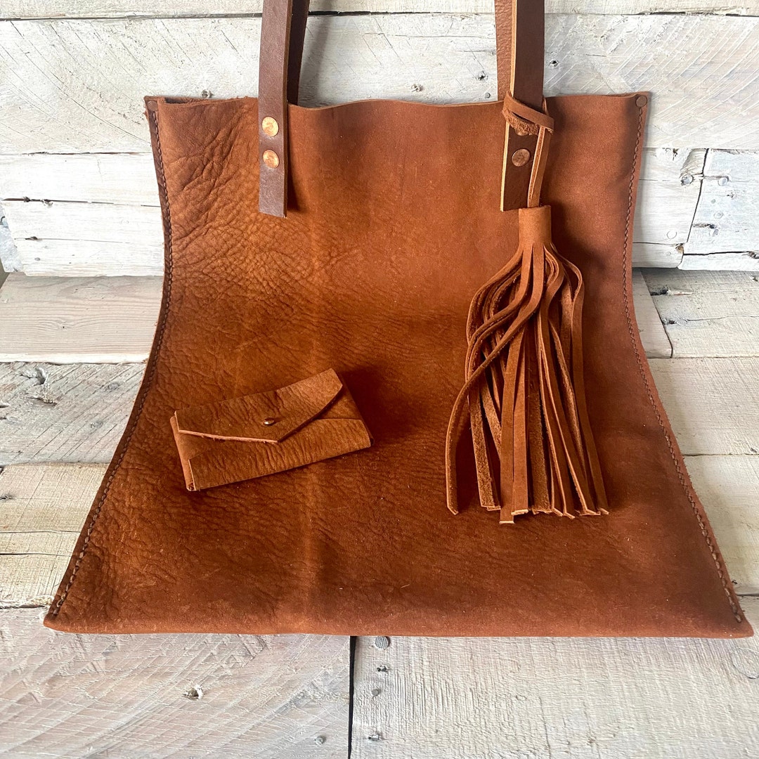 Leather Market Tote Set Horween Whiskey Suede Tote With Tassel and Card