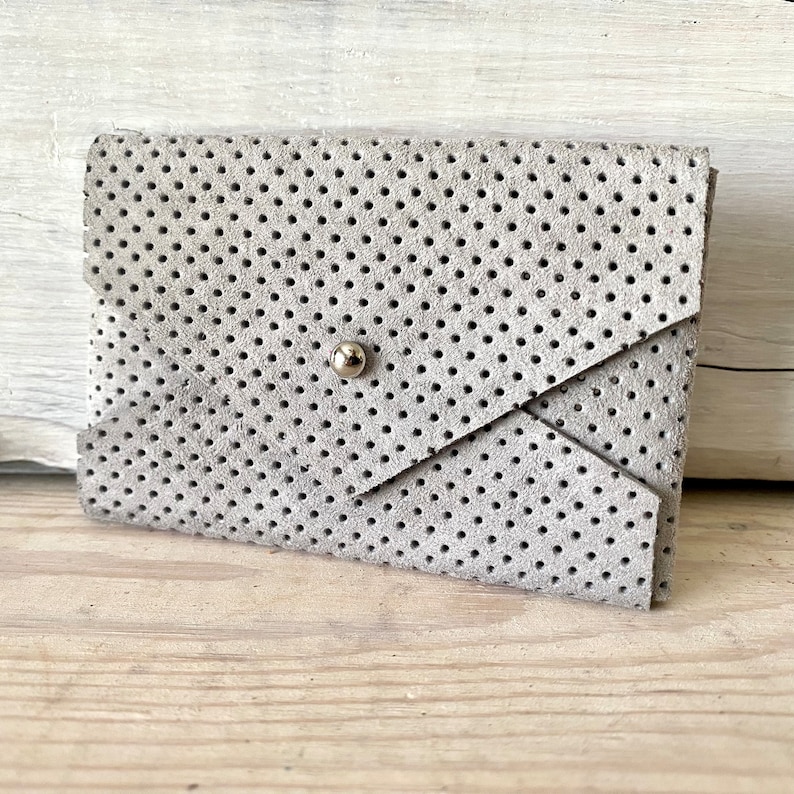 Leather Wallet, Credit Card or Business Card Case Pink Red Purple White Wine Grey Perforated