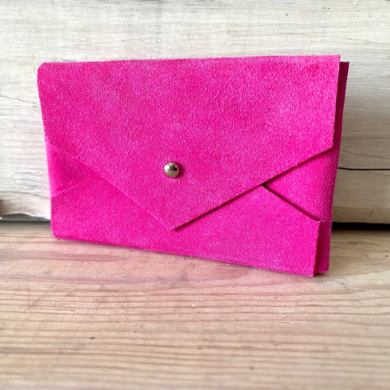 Cartera de cuero, tarjetero o tarjetero de visita - Rosa • Rojo • Púrpura • Blanco • Vino Neon Pink Suede
