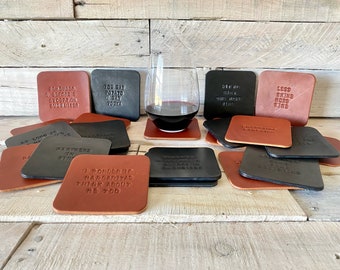 Hand Stamped Boozy Themed Leather Coaster Set of 4