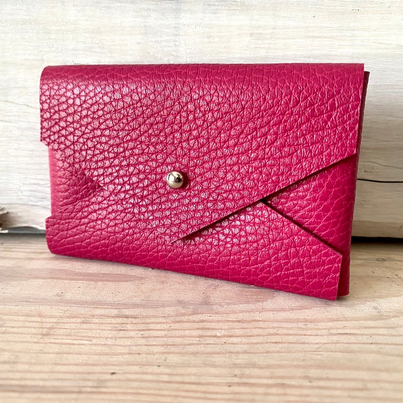 Minimalist Leather Wallet, Credit Card or Business Card Case Pink Red Purple White Wine Fuchsia Pebbled