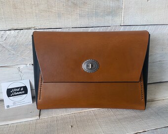 Handstitched Leather Clutch - Tan and Black Colorblock with Kiss Lock Closure