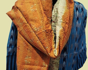 Reversible Indian Silk Kantha Scarf: Vintage Sari Shawl (78" x 33")