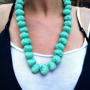 Maxi large bead Necklace Turquoise Colored Recycled Silk Saree fabric. Gift For Her | Fabric Necklace | Textile Necklace