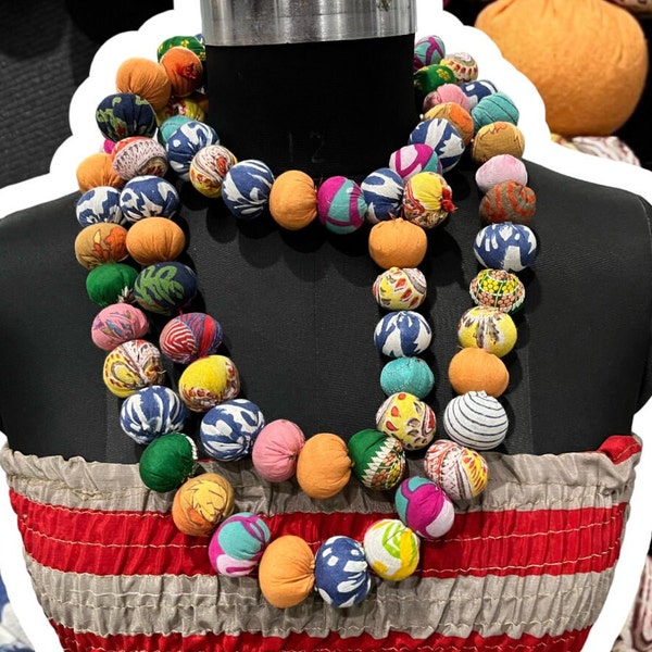 Collier maxi grosses perles en coton recyclé et tissu de soie multicolores, cadeau pour elle