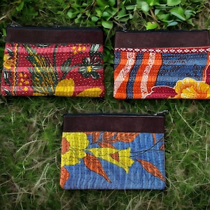 Carteira de algodão com zíper artesanal vintage, estampas florais Kantha trabalham cores vibrantes, acessórios femininos e meninas para uso diário, presente para ela.