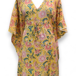 Yellow Cotton Kaftan Dress Boho Floral Block Print, Summer Lounge Wear, Resort Beach Cover Up, Pom Pom Hem, One Size Handmade Dress