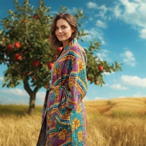 May include: A colorful patterned robe with a belt, featuring shades of purple, teal, and gold. The robe is worn outdoors with a wheat field and apple tree in the background under a blue sky.