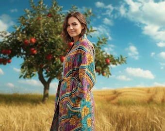 Abito lungo patchwork Kantha vintage in 100% cotone, copricostume boho alla moda, abbigliamento da casa