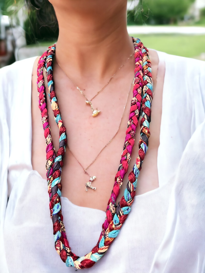 Braided kantha fabric necklace