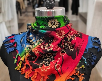 Floral Tie-Dye Scarf with Tassels: Lightweight Boho Neckwrap