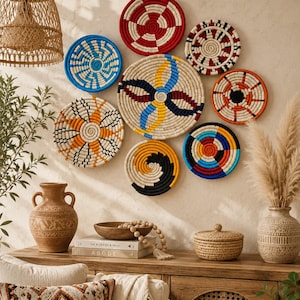 Cestas de pared de hierba Sabai tejidas a mano, decoración bohemia para el hogar, juego de 8 piezas.
