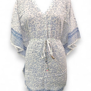 Blue Cotton Kaftan Dress – Hand Block Print Tunic, Adjustable Waist Beach Cover Up, Boho Summer Resort Wear, Handmade Loungewear