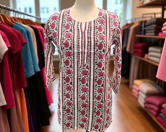 Handmade Floral Block Print Cotton Kurti: Boho Indian Tunic Top