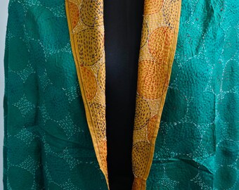 Handmade Kantha Silk Sari Scarf: Reversible Boho Wrap (82" x 31")