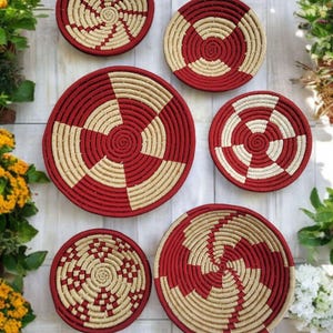 Natural Sabai Grass Handwoven Baskets , Wall Art Decor for living room , African Baskets , Bohemian Wall Baskets , Red , Set of 6 Pcs