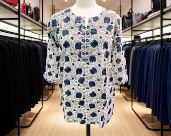 Blauw-witte katoenen blokprint Kurti: boho-Indiase tuniektop
