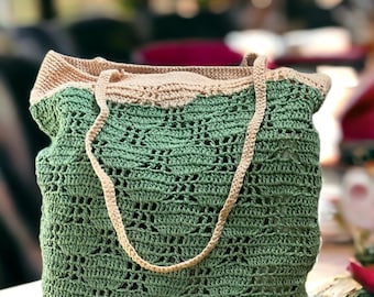 Bolso de hombro verde de crochet hecho a mano: Boho Market Tote