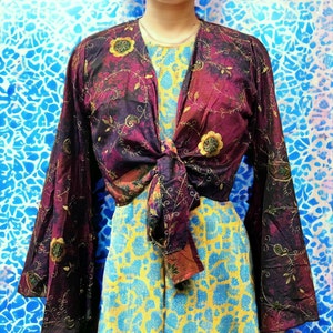 Tie Dye Recycled Art Silk Sari Fabric Wrap Blouse Boho Bell Sleeve Top  Hippie Wrap Top  Crop Blouse  Flare Top  Bell Sleeve Blouse