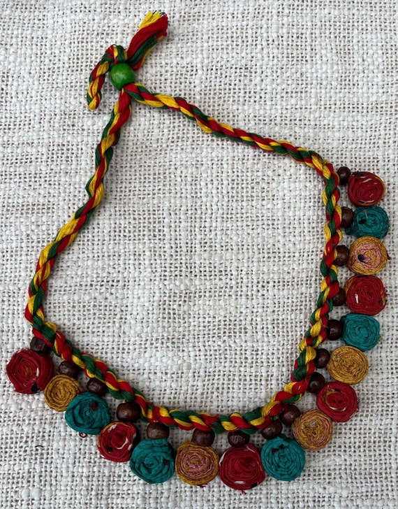 Multi-colored Cotton Thread Braided Bohemian Necklace With Wooden