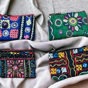 Handmade Zipper Coin Purse Boho & Unique With Gujarati Embroidery and Mirror work Art Pretty Cute Women's Girls Accessories Gift For Her