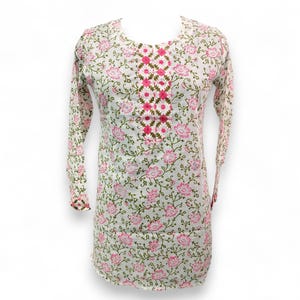 Cotton Kurti Tunic Top Floral Hand Block Print Indian Kurta with Embroidery, Long Sleeve Ethnic Blouse, Boho Summer Top Handmade Casual Wear