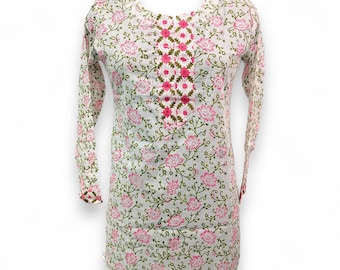 Floral Hand Block Print Cotton Kurti: Embroidered Indian Tunic Top