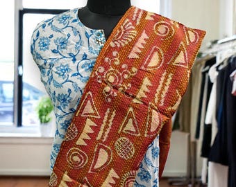 Reversible Silk Kantha Sari Shawl Vintage Scarf Wrap Indian Boho Dupatta Handcrafted 82" x 34"