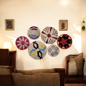 Natural Sabai Grass Handwoven Baskets Plates , Wall Art Decor for living room , African Baskets , Bohemian Wall Baskets , Multicolour 6 Pcs