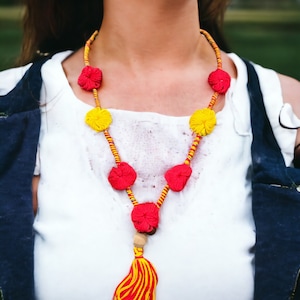 Fabric Necklace | Handmade Necklace | Statement Braided , Red and Yellow yarn wrapped bohemian jewelry, gift for her, Gift For Mother&#39;s day