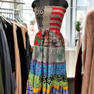 Handmade Patchwork Tube Dress: Upcycled Silk Sari, Boho Festival Maxi