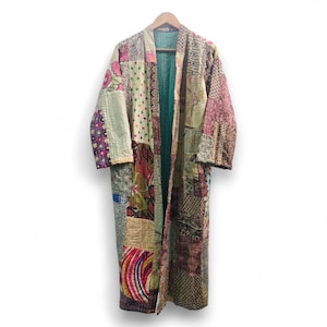 Vintage Patchwork Kantha Stitch Robe 100% Cotton Patchwork Long Dress, Boho Fashion Cover-Up Kimono