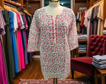 Handgemaakte katoenen Kurti-katoen met bloemenblokprint: boho-tuniektop