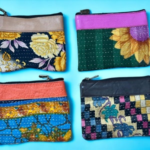Carteira Boho feita à mão de algodão com zíper e estampas florais e geométricas Kantha work, acessórios femininos e meninas para uso diário, presente para ela